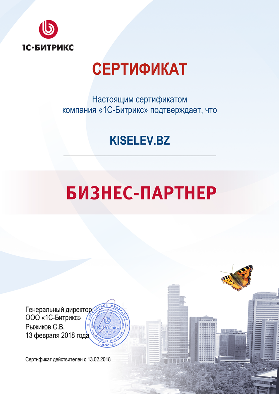 Сертификат партнёра по СРМ системам в Рыбном